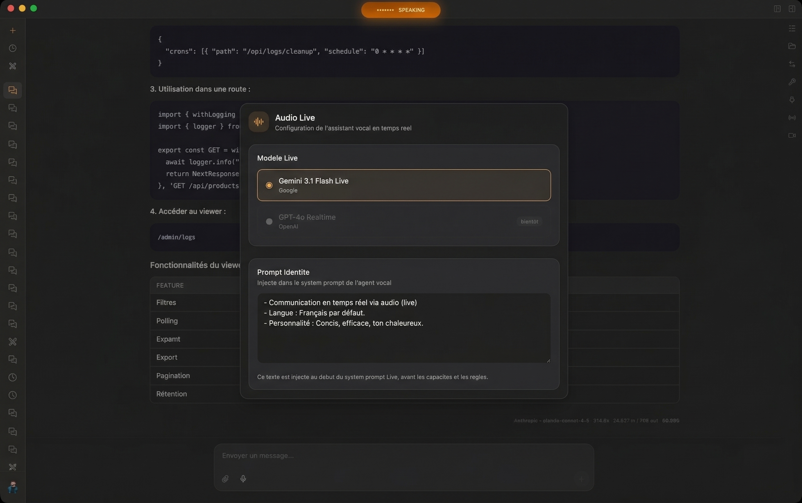 Module Audio Live avec configuration et memoire vocale